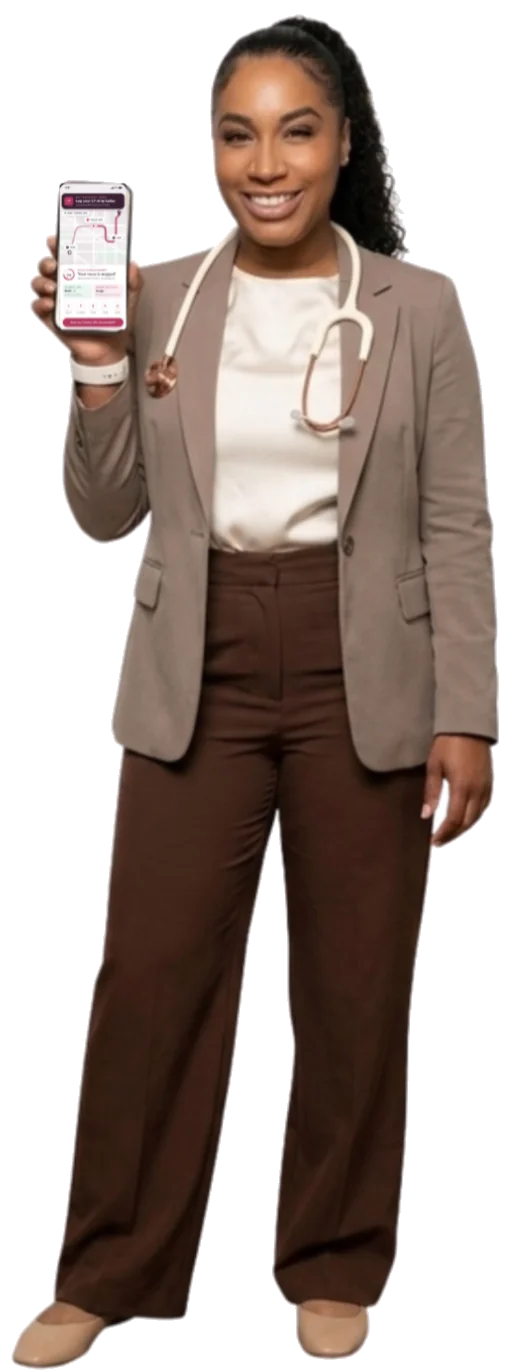 Tianna Trinidad, RN, smiling and holding a phone showing the PCOS Fertility GPS
